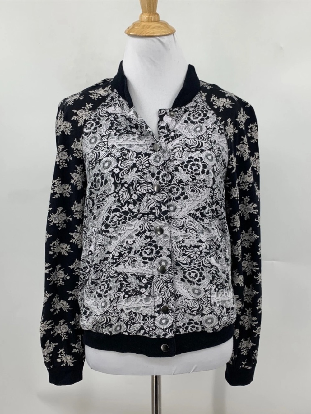 Free People Black and Light Purple Floral Bomber Jacket XS